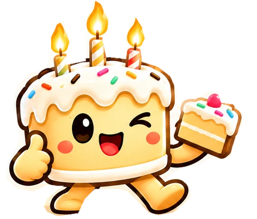 LeadCake’s cheerful cake mascot holding a slice, with cream frosting and colorful sprinkles